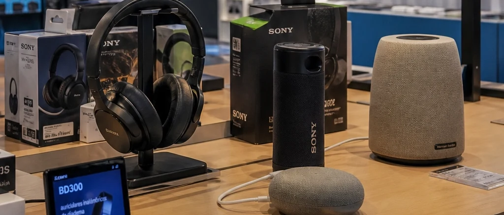 Mostrador de una tienda con auriculares y altavoces expuestos